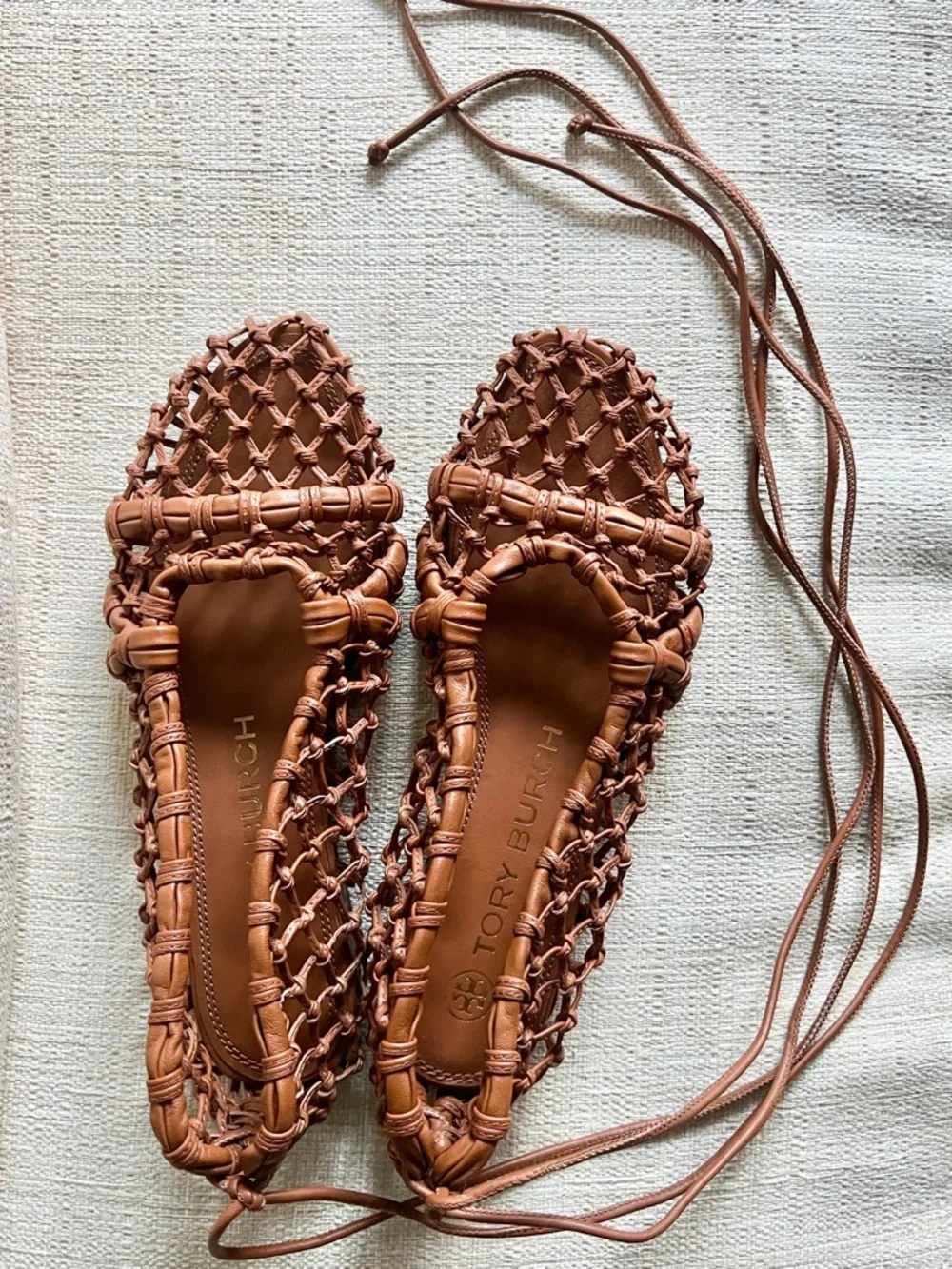 Tory Burch Helena Woven Leather Mesh Lace up Ballet Flats in Ambra Tan Size 7 M